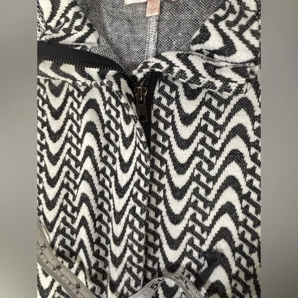Skies are Blue Black White Boho Geo Zip Front Tie Waist Jacket Cardigan Size S